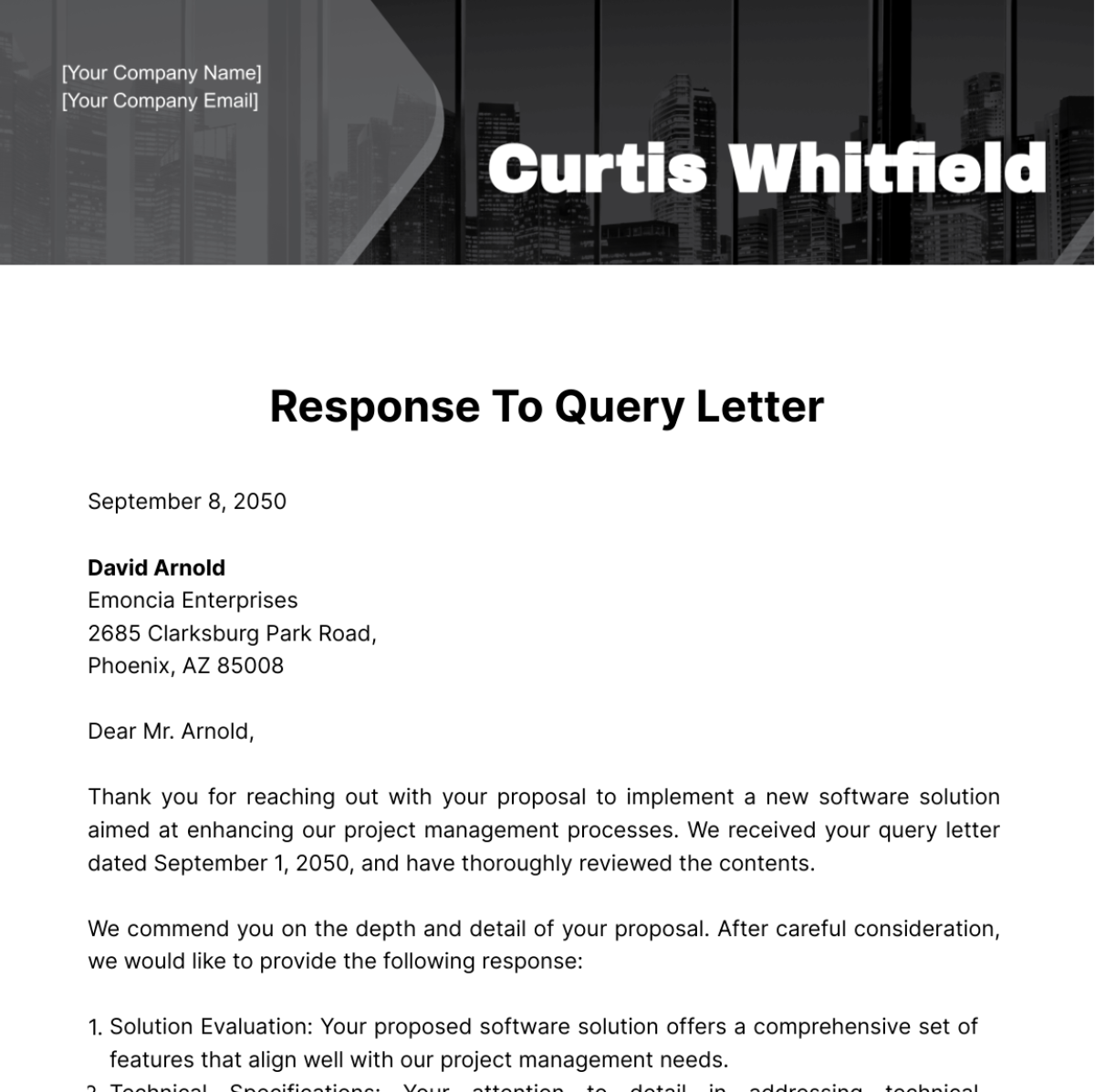 Free Response To Query Letter Template