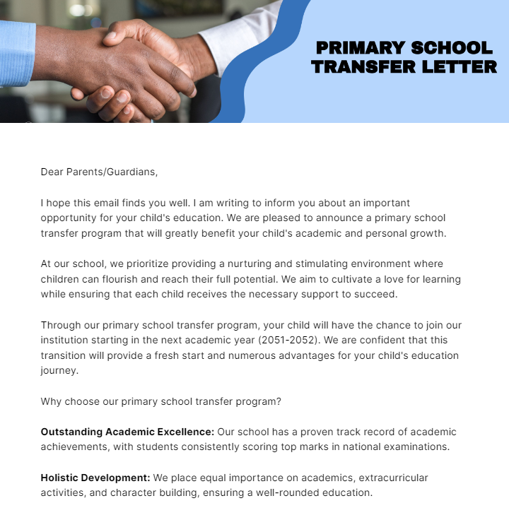 Primary School Transfer Letter Template