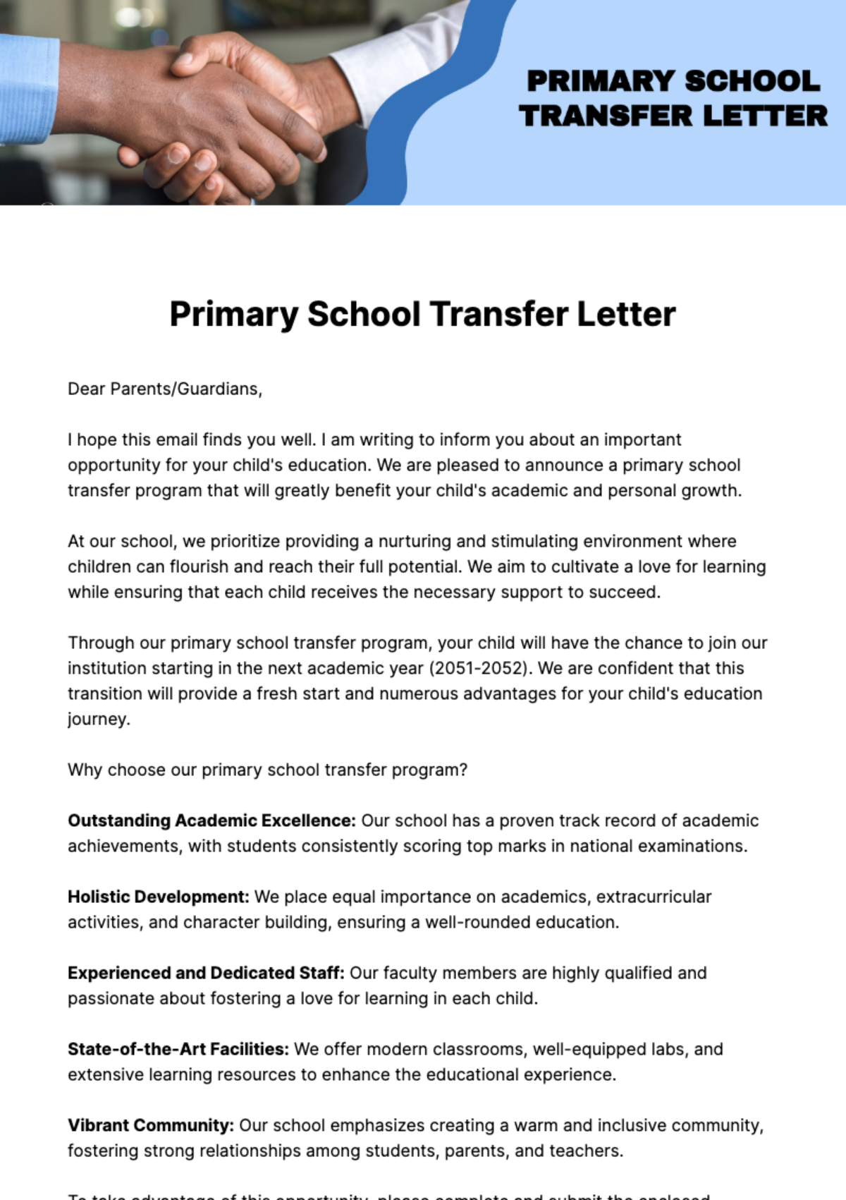 Primary School Transfer Letter Template