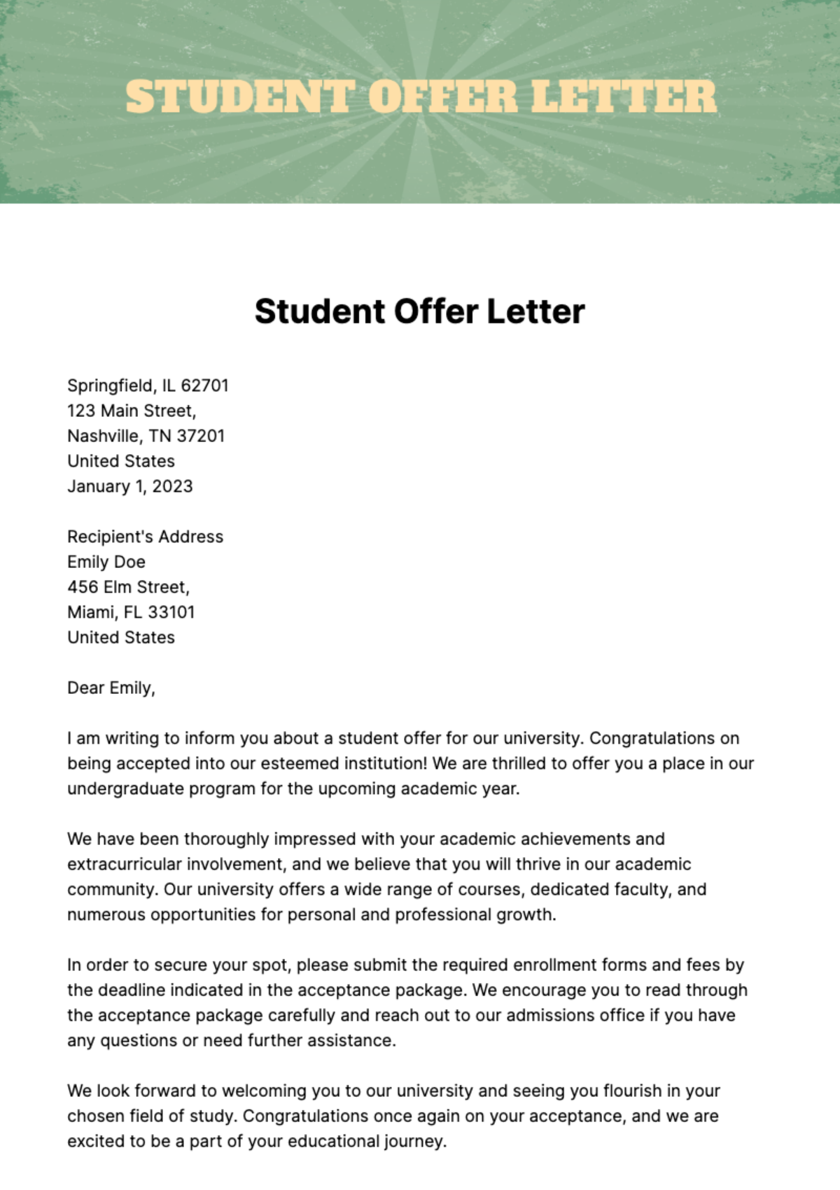 Free Student Offer Letter Template