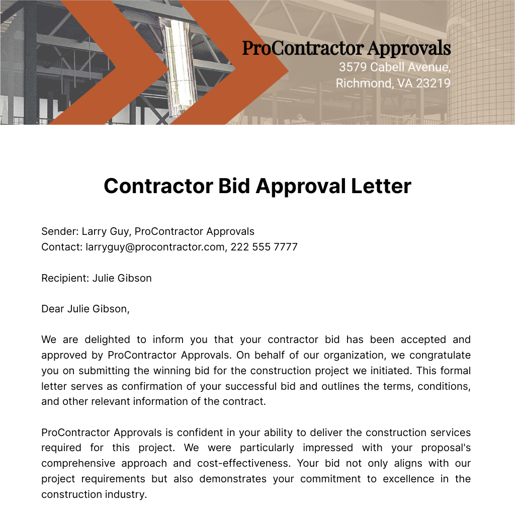 Free Contractor Bid Approval Letter  Template