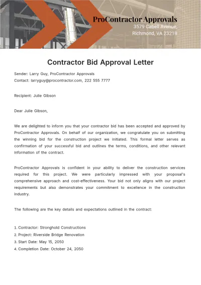 Free Contractor Bid Approval Letter  Template to Edit Online