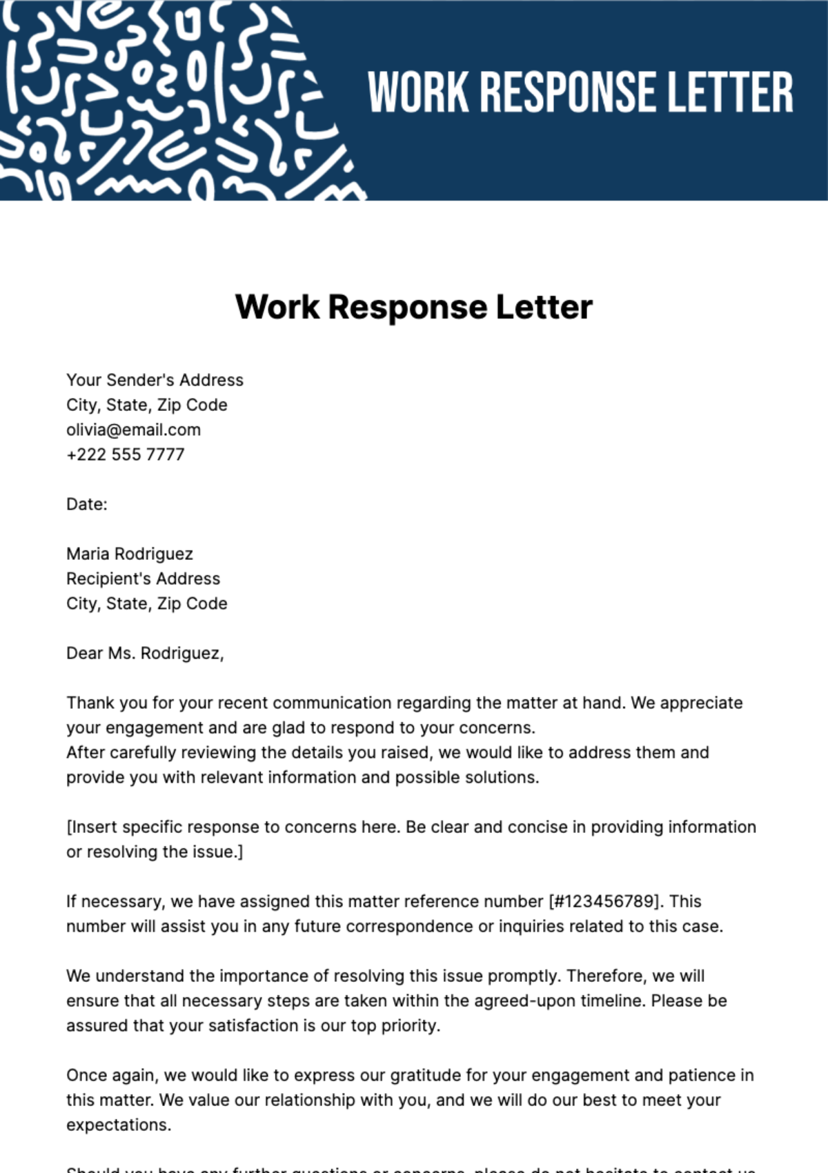 Free Work Response Letter Template
