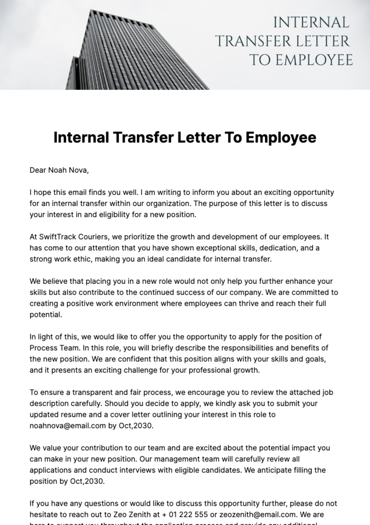 Internal Transfer Letter To Employee Template