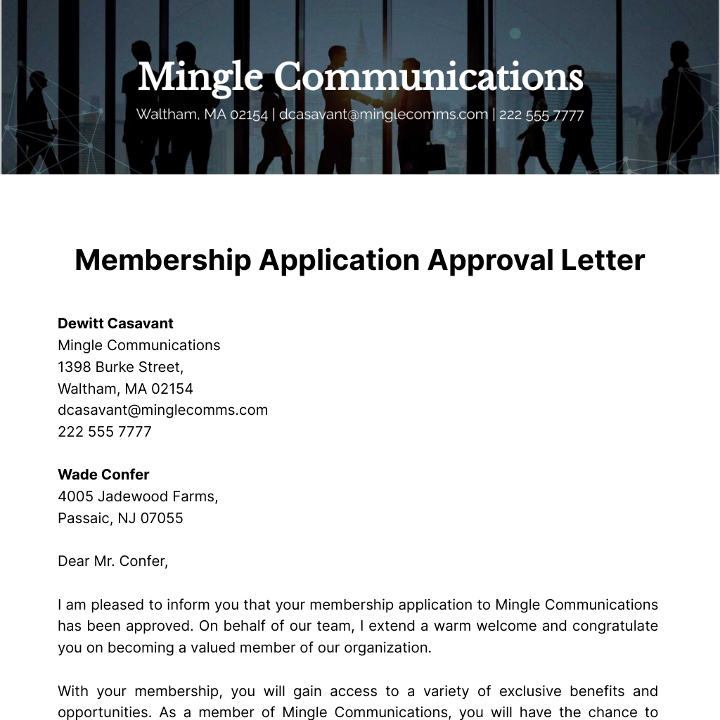 Free Membership Application Approval Letter  Template