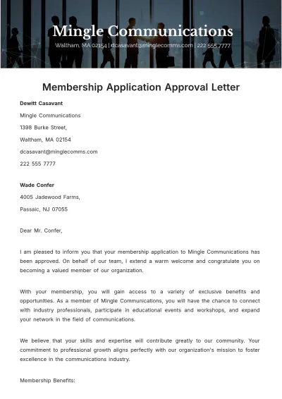 Free Membership Application Approval Letter  Template to Edit Online