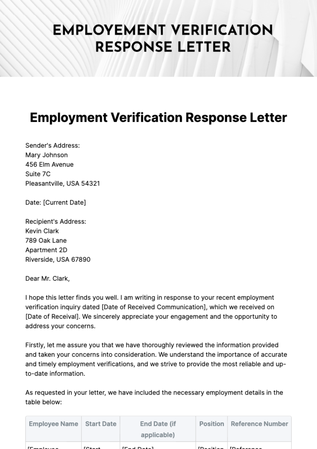 Free Employment Verification Response Letter Template