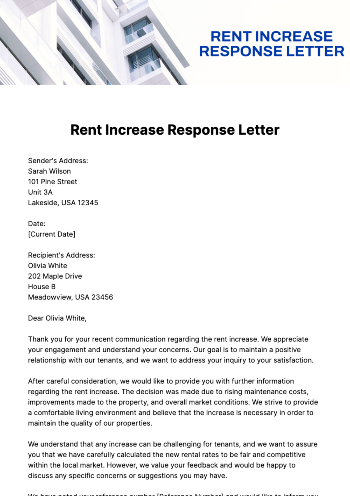 Free Rent Increase Response Letter Template