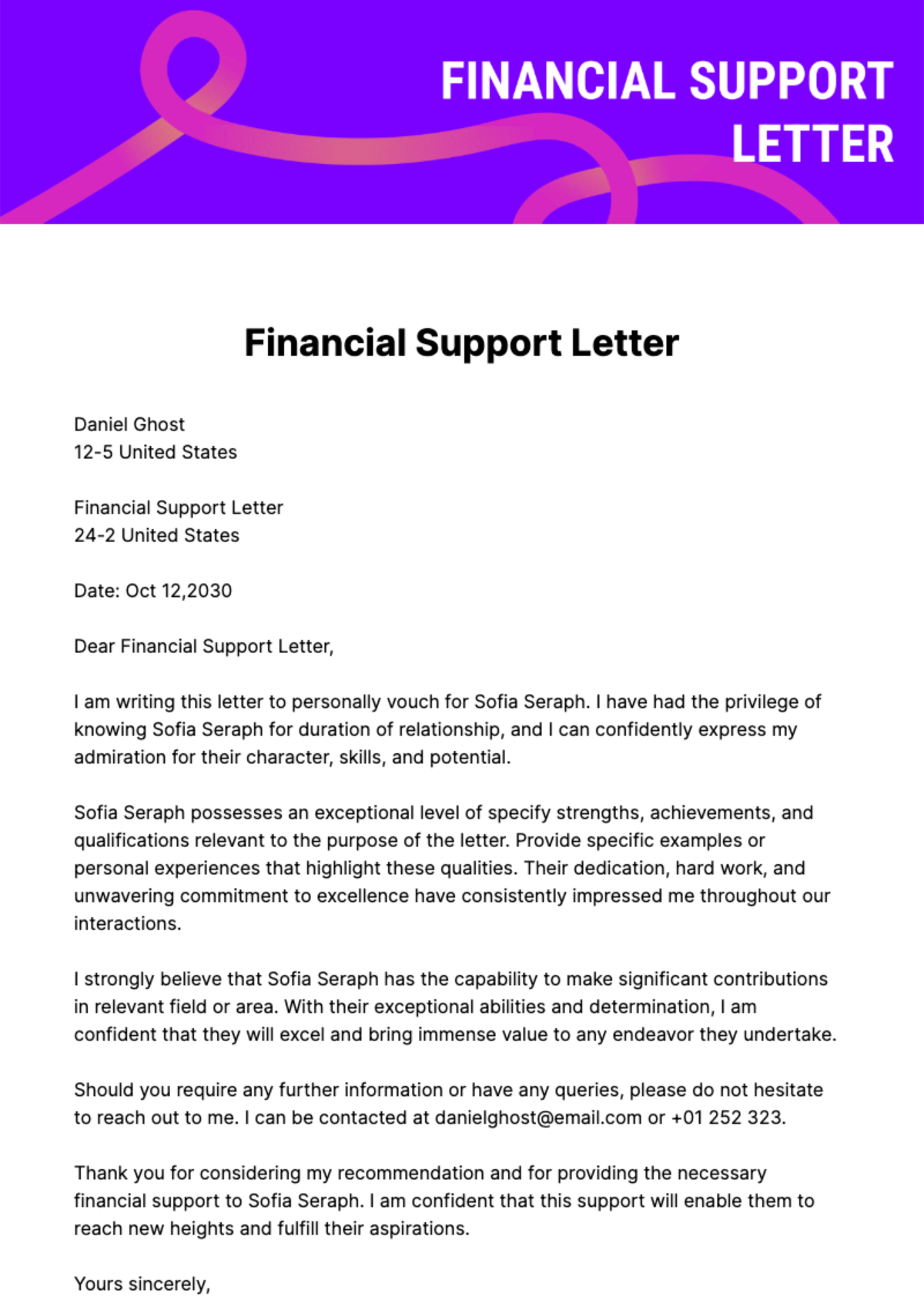 Financial Support Letter Template