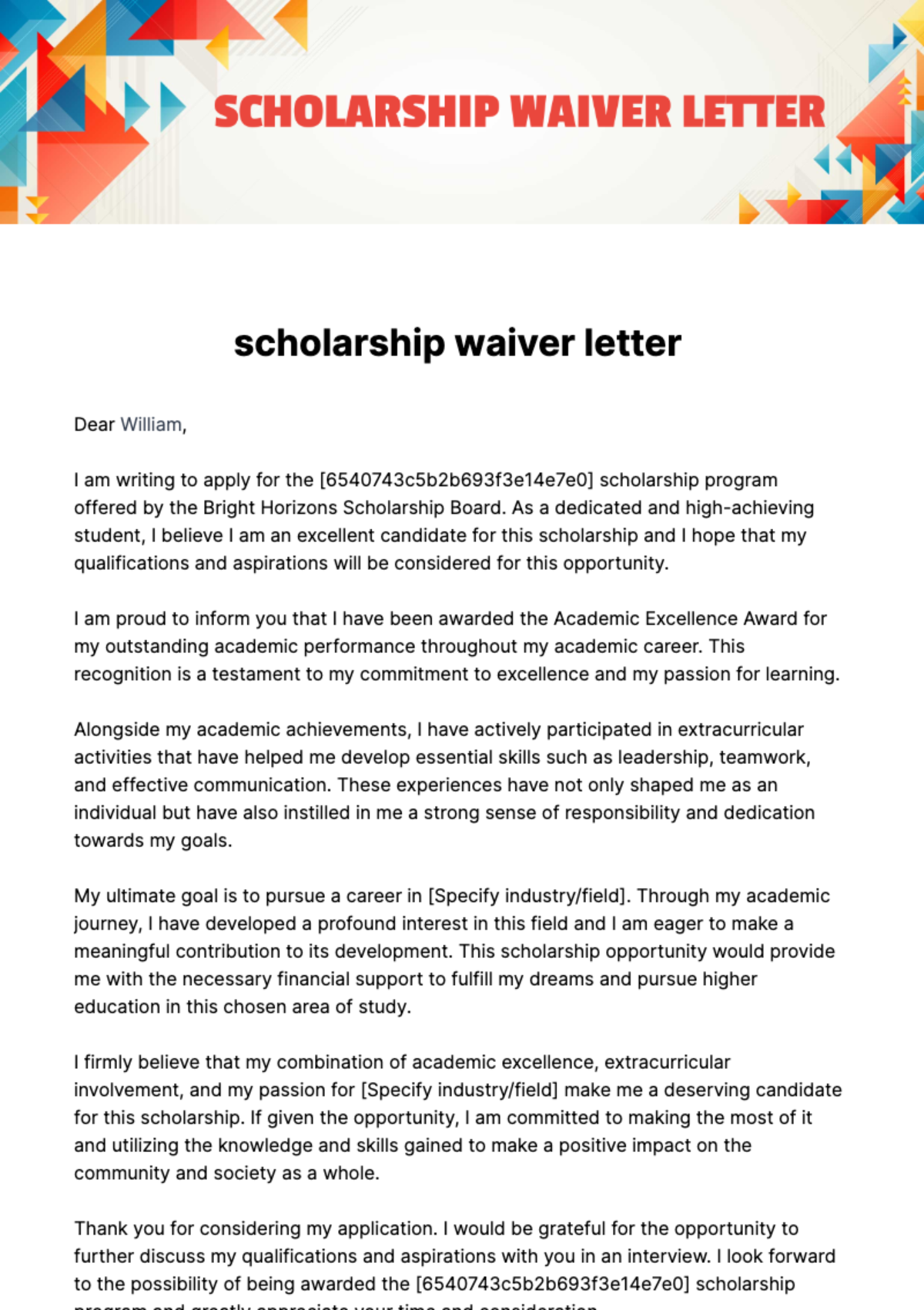 Free scholarship waiver letter Template