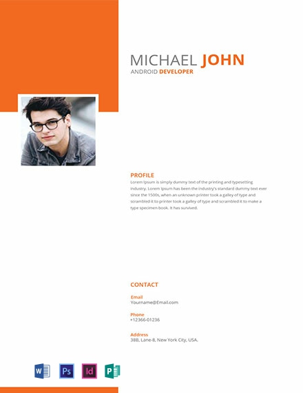 Android Developer Resume Template - InDesign, Word, PSD, Publisher
