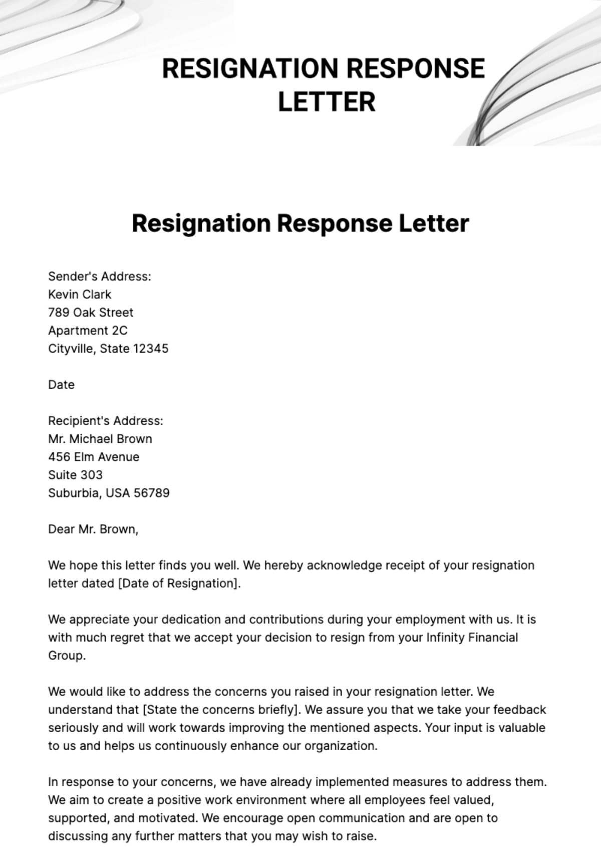 Free Resignation Response Letter Template