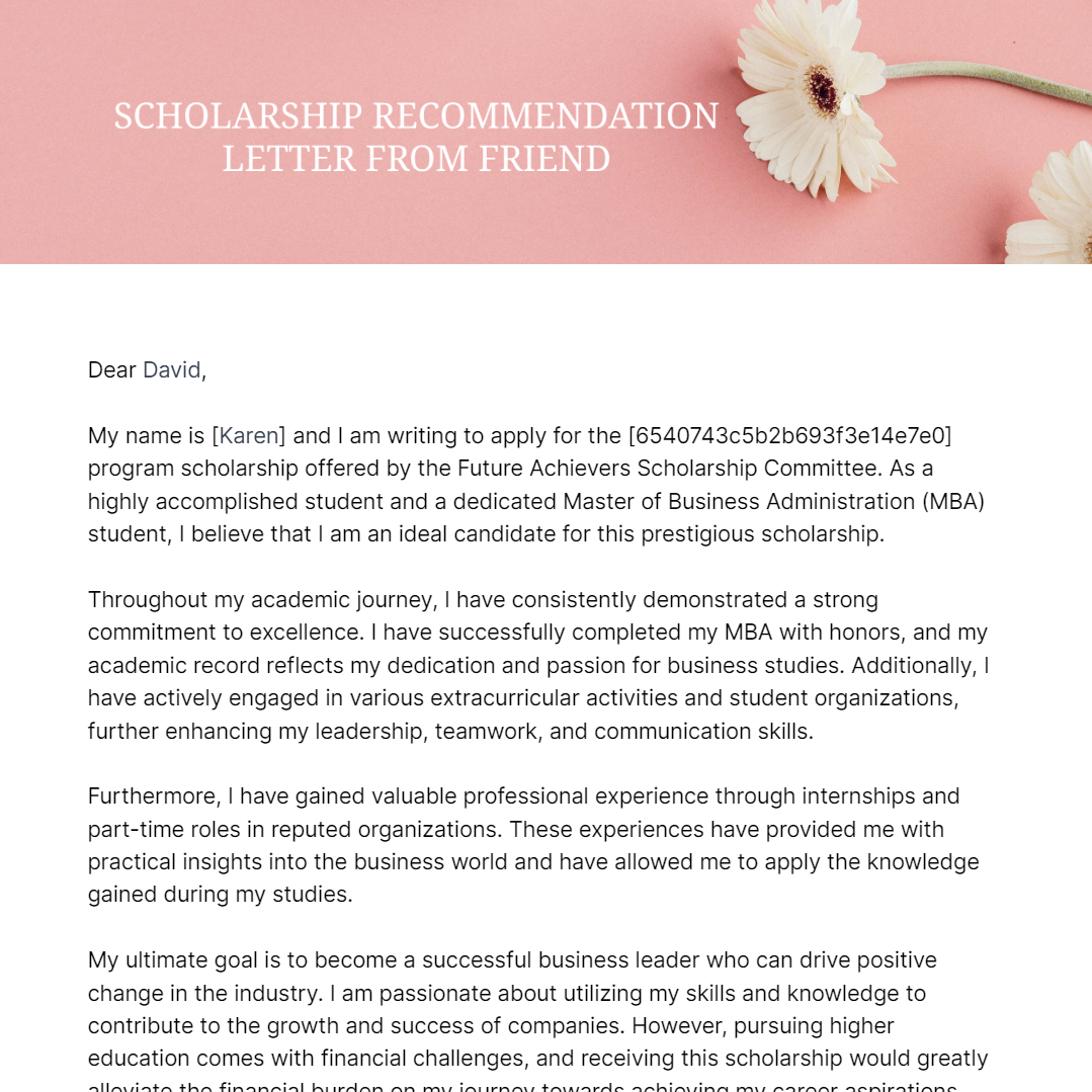 Scholarship Recommendation Letter From Friend Template