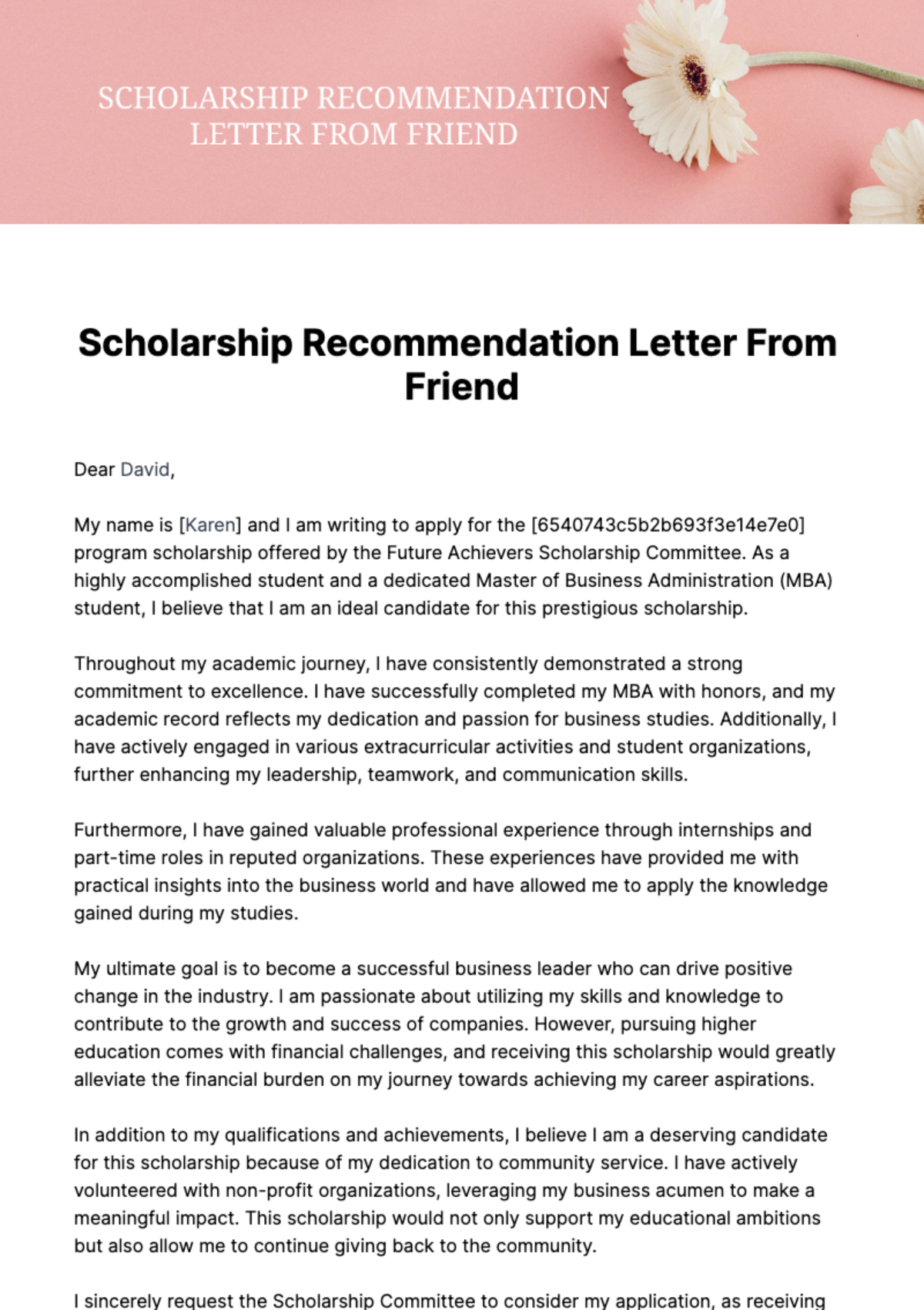Free Scholarship Recommendation Letter From Friend Template