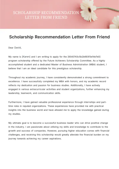 Free Scholarship Recommendation Letter From Friend Template to Edit Online