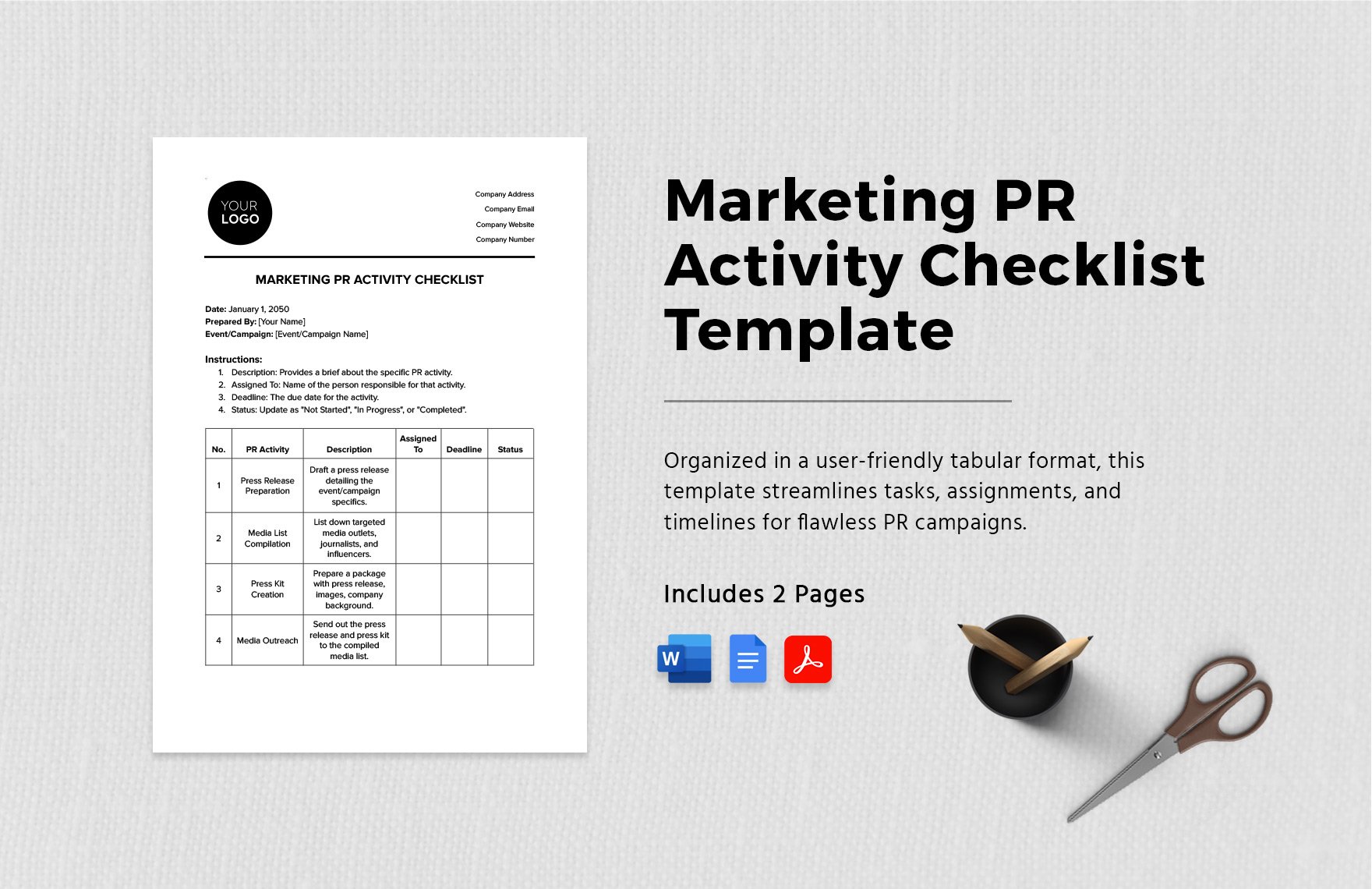 Marketing PR Activity Checklist Template in Word, Google Docs, PDF