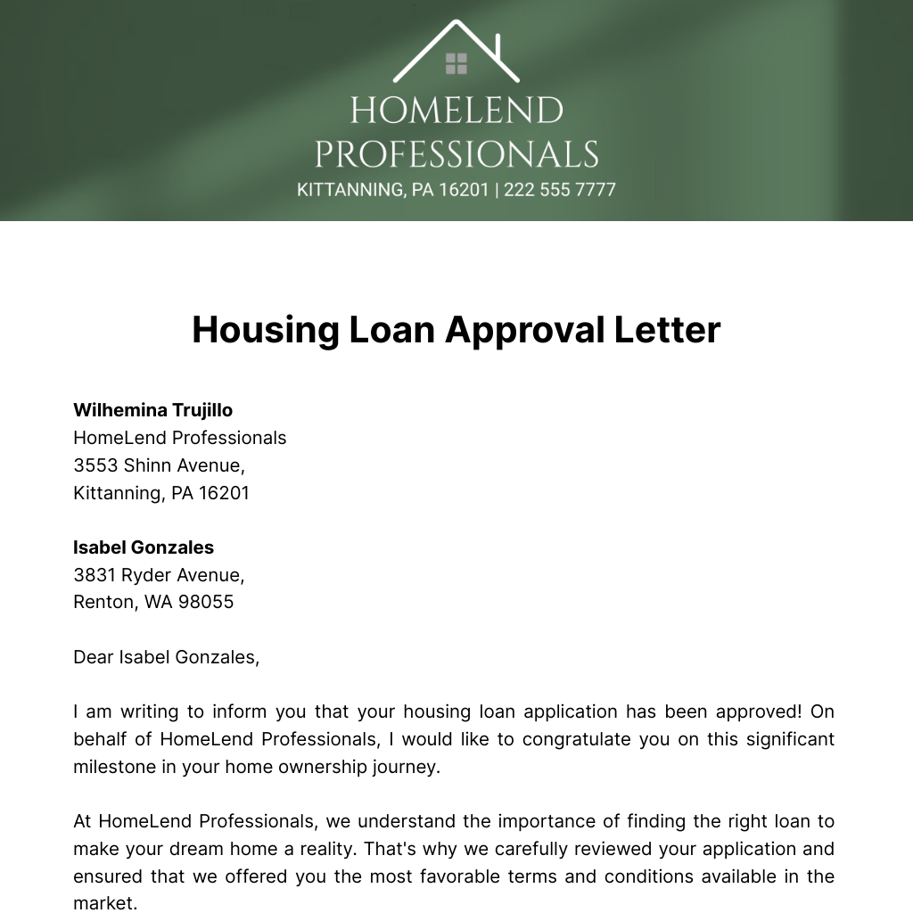 Free Housing Loan Approval Letter  Template
