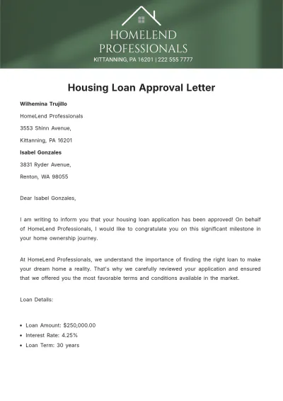 Free Housing Loan Approval Letter  Template to Edit Online
