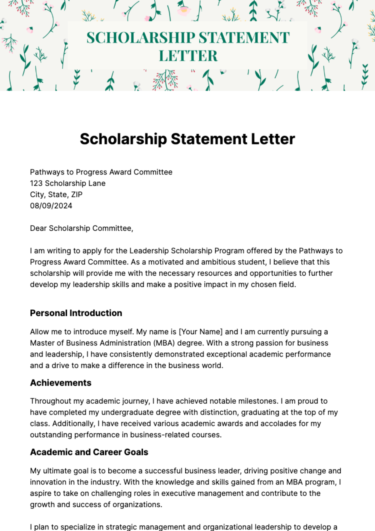 Scholarship Statement Letter Template