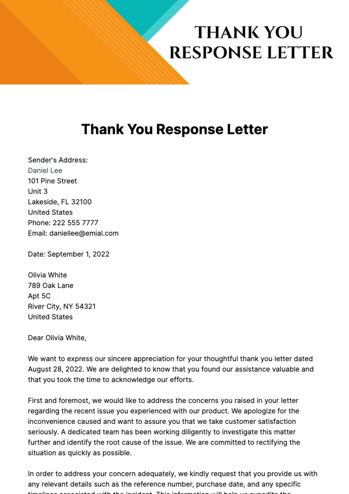 Free Thank You Response Letter Template