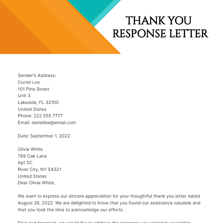 Free Thank You Response Letter