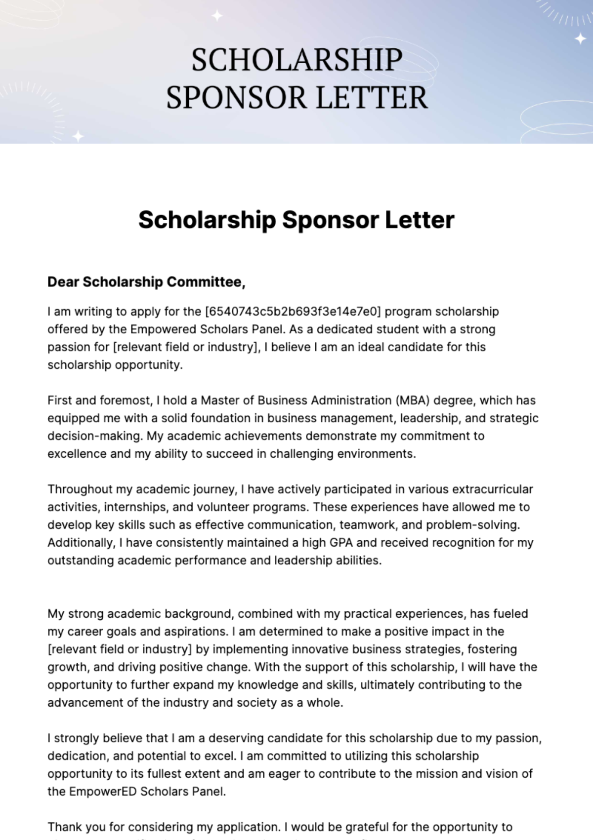 Free Scholarship Sponsor Letter Template