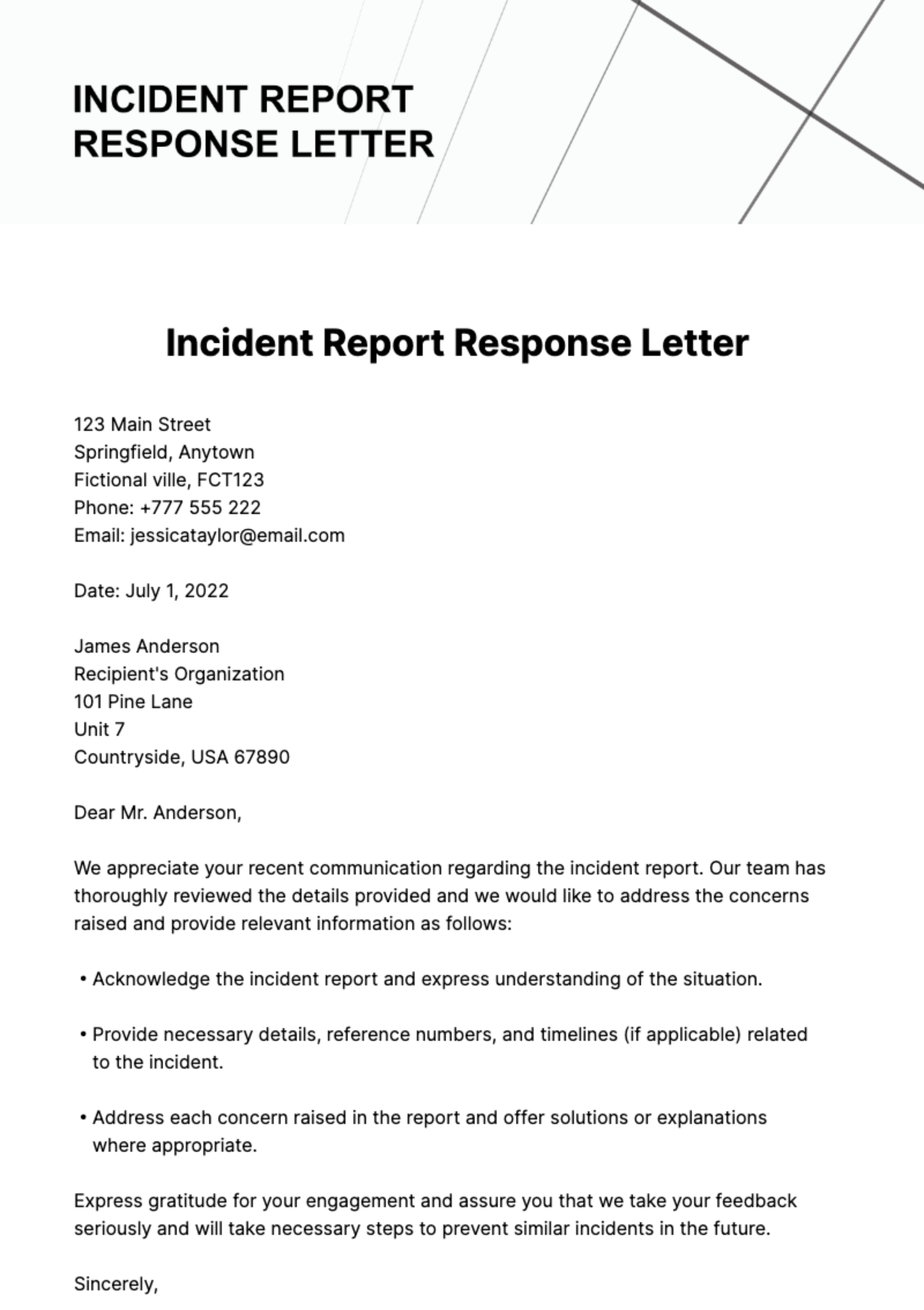 Free Incident Report Response Letter Template