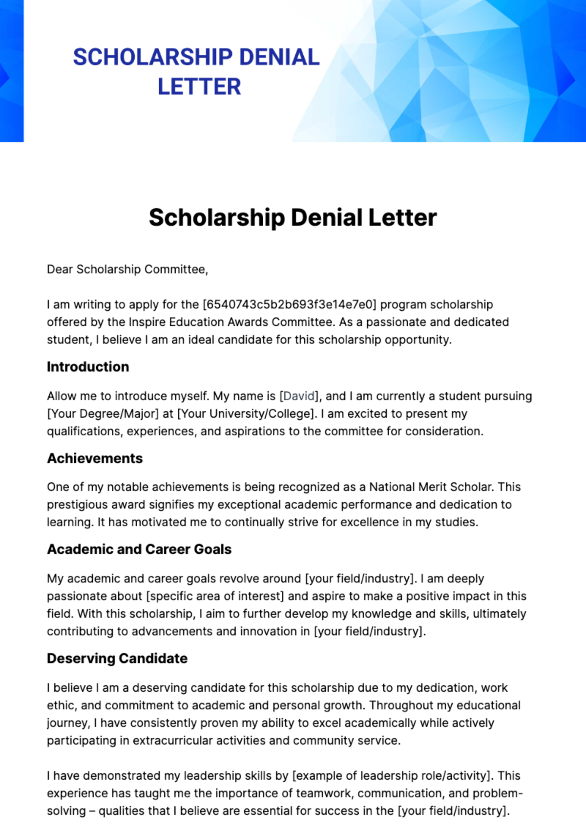 Free Scholarship Denial Letter Template