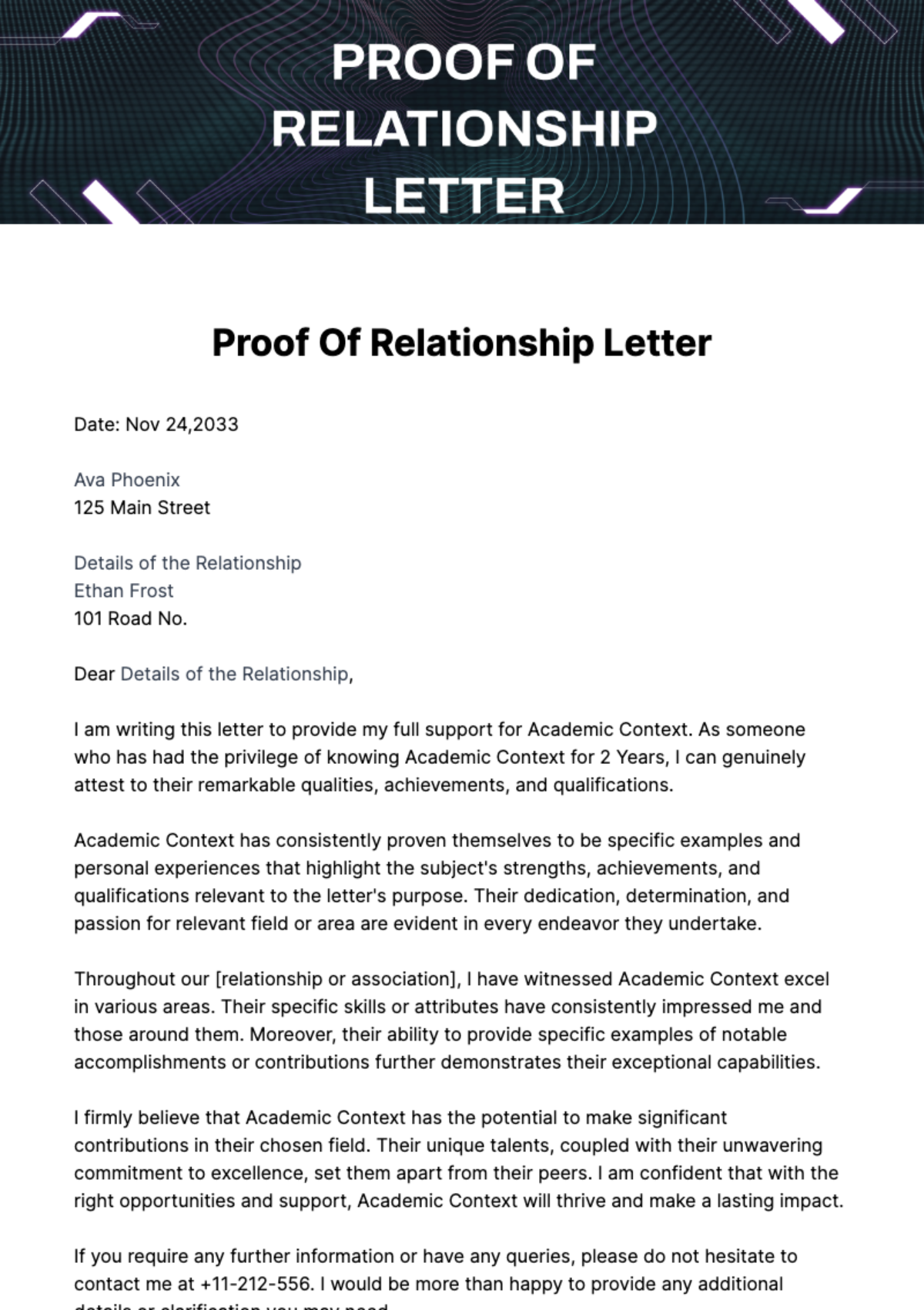 Free Proof Of Relationship Letter Template