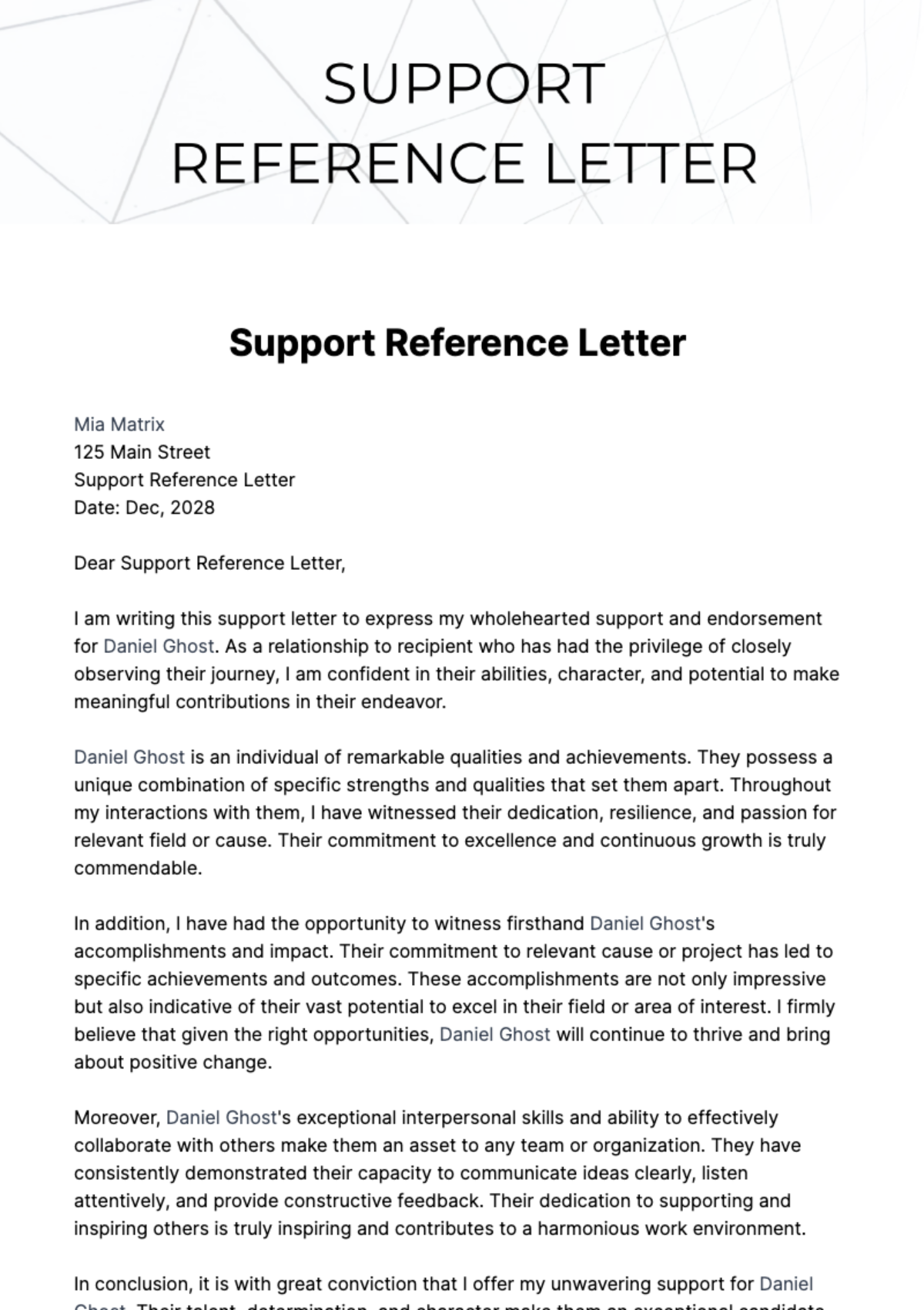 Support Reference Letter Template