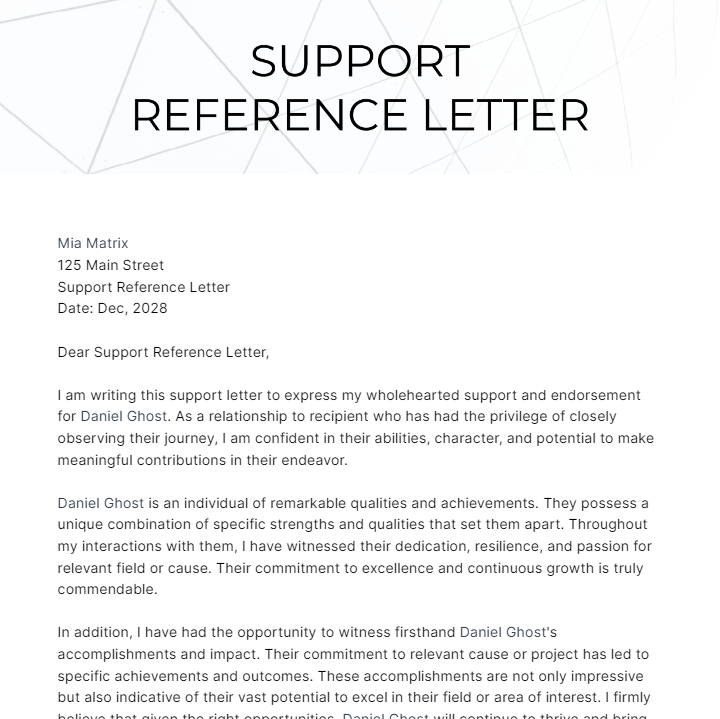 Support Reference Letter Template