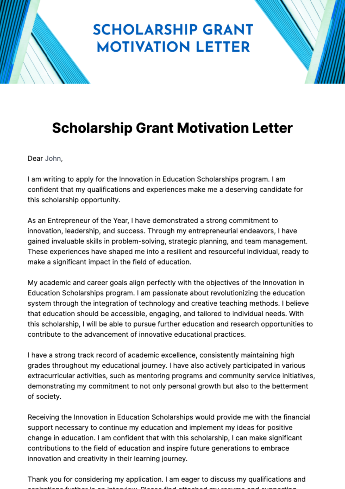 Free Scholarship Grant Motivation Letter Template