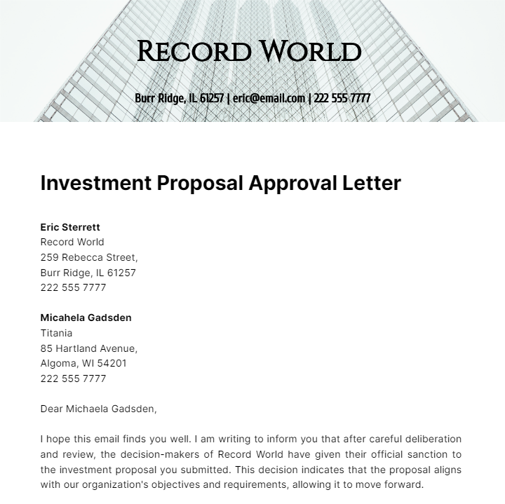 Free Investment Proposal Approval Letter  Template
