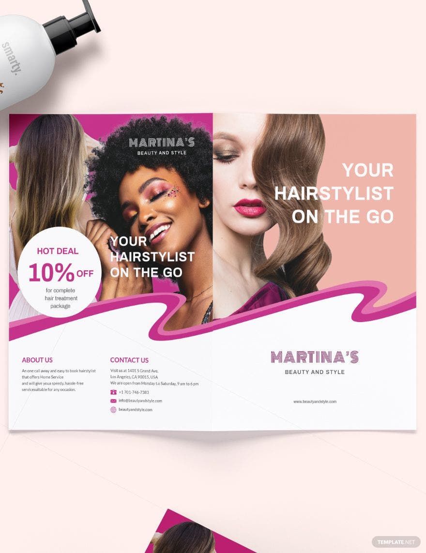 Hairstylist Bi-Fold Brochure Template in Word, Google Docs, Illustrator, PSD, Apple Pages, Publisher, InDesign
