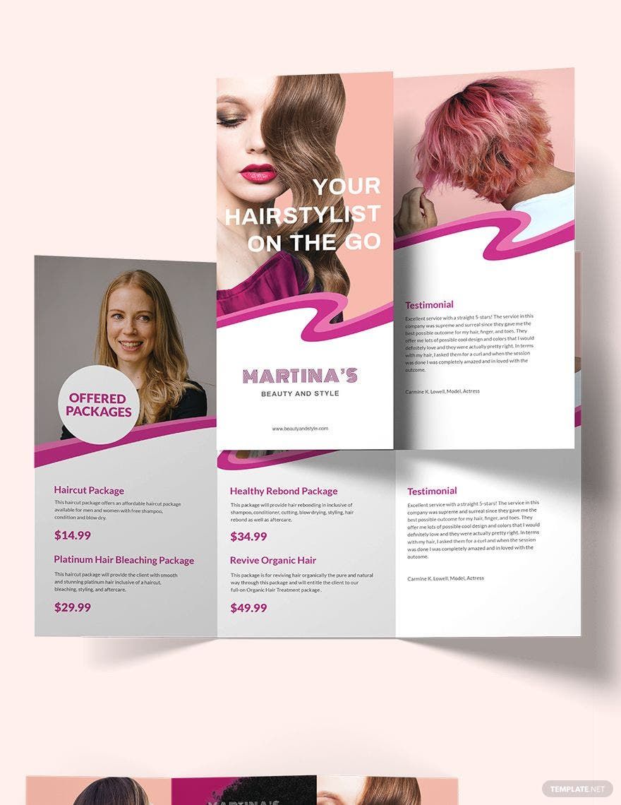 Hairstylist Tri-Fold Brochure Template in Word, Google Docs, Illustrator, PSD, Apple Pages, Publisher, InDesign
