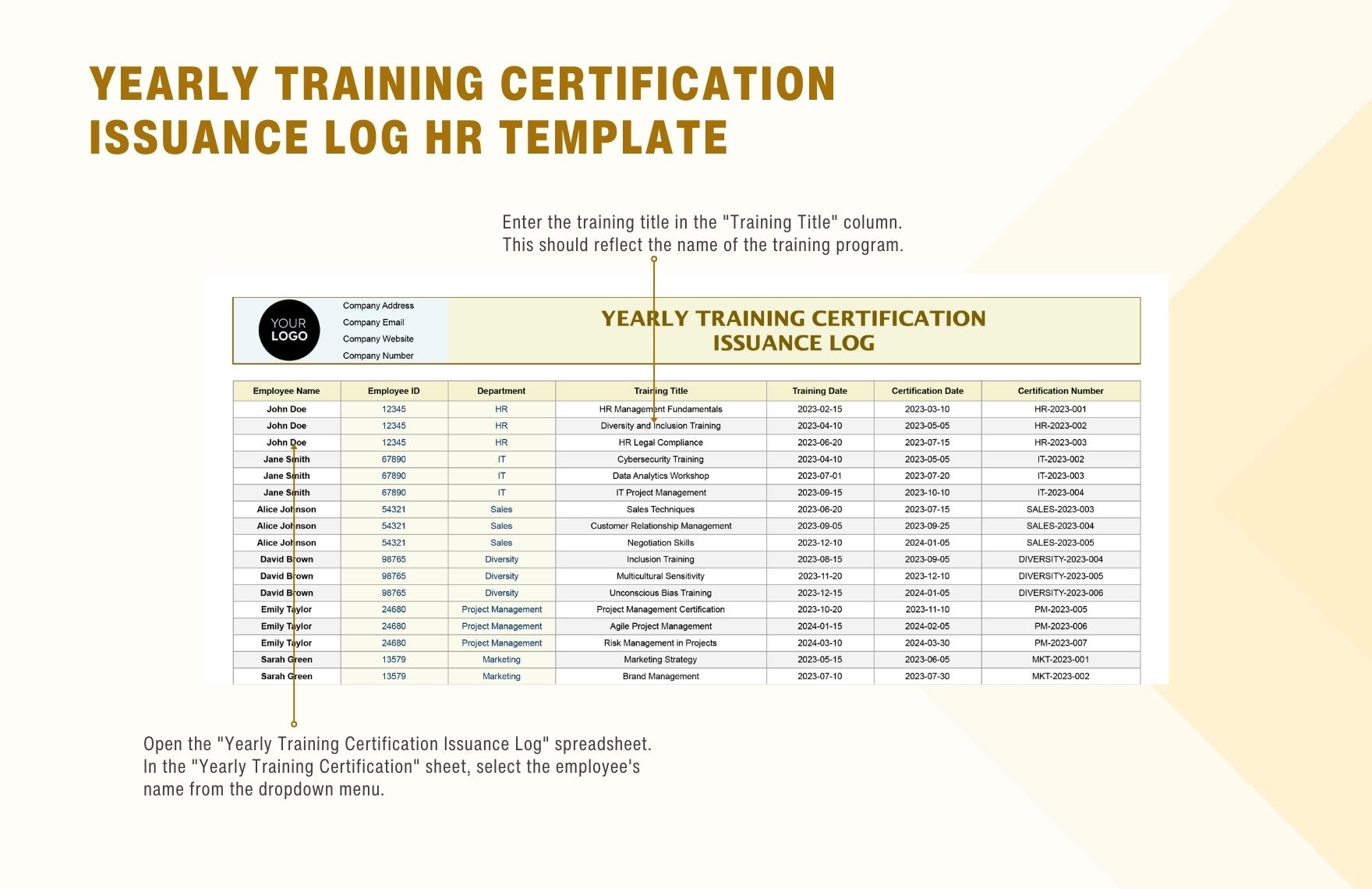 Yearly Training Certification Issuance Log HR Template