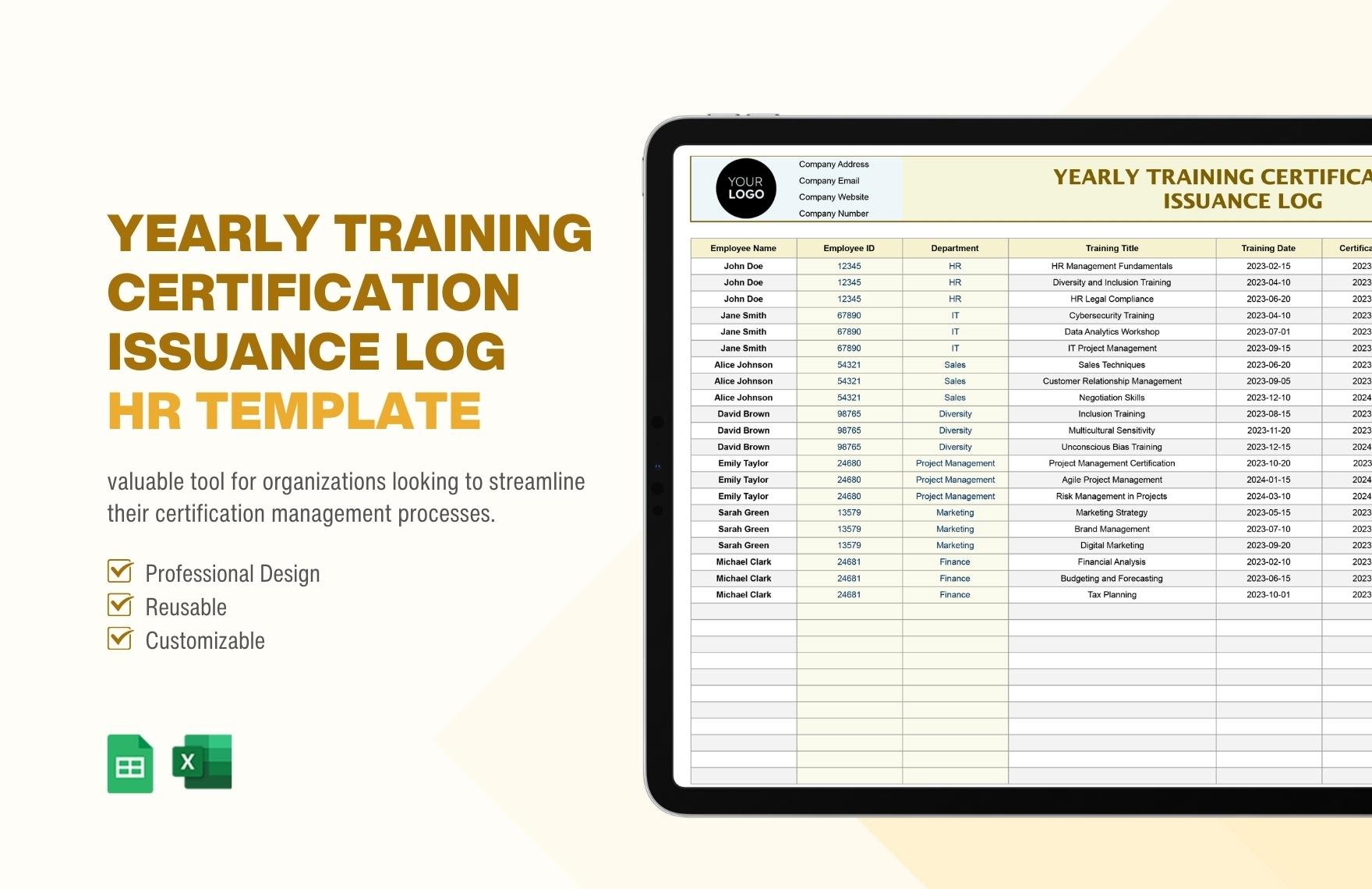Yearly Training Certification Issuance Log HR Template in Excel, Google Sheets