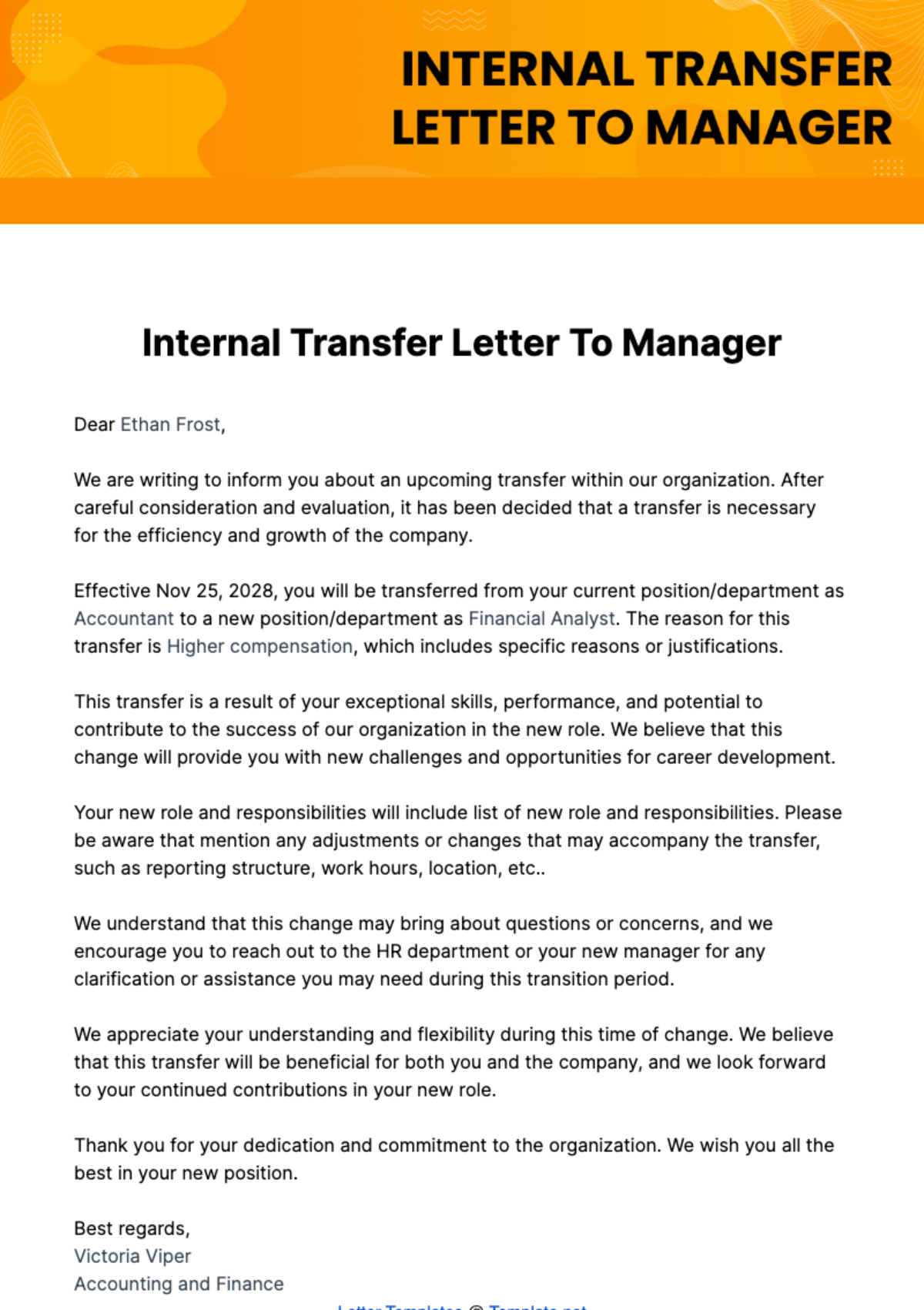 Free Internal Transfer Letter To Manager Template
