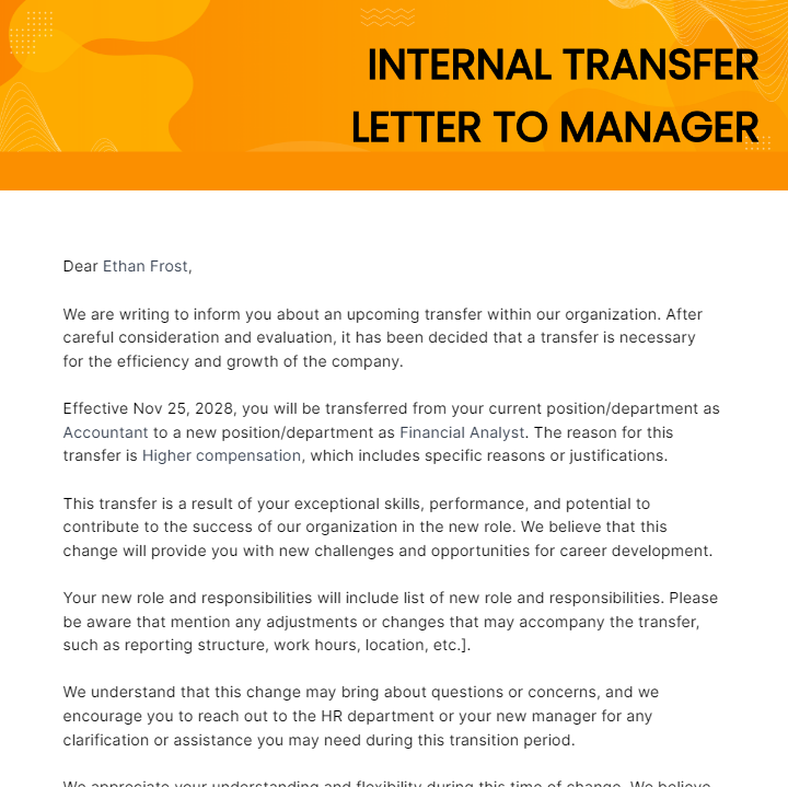Internal Transfer Letter To Manager Template