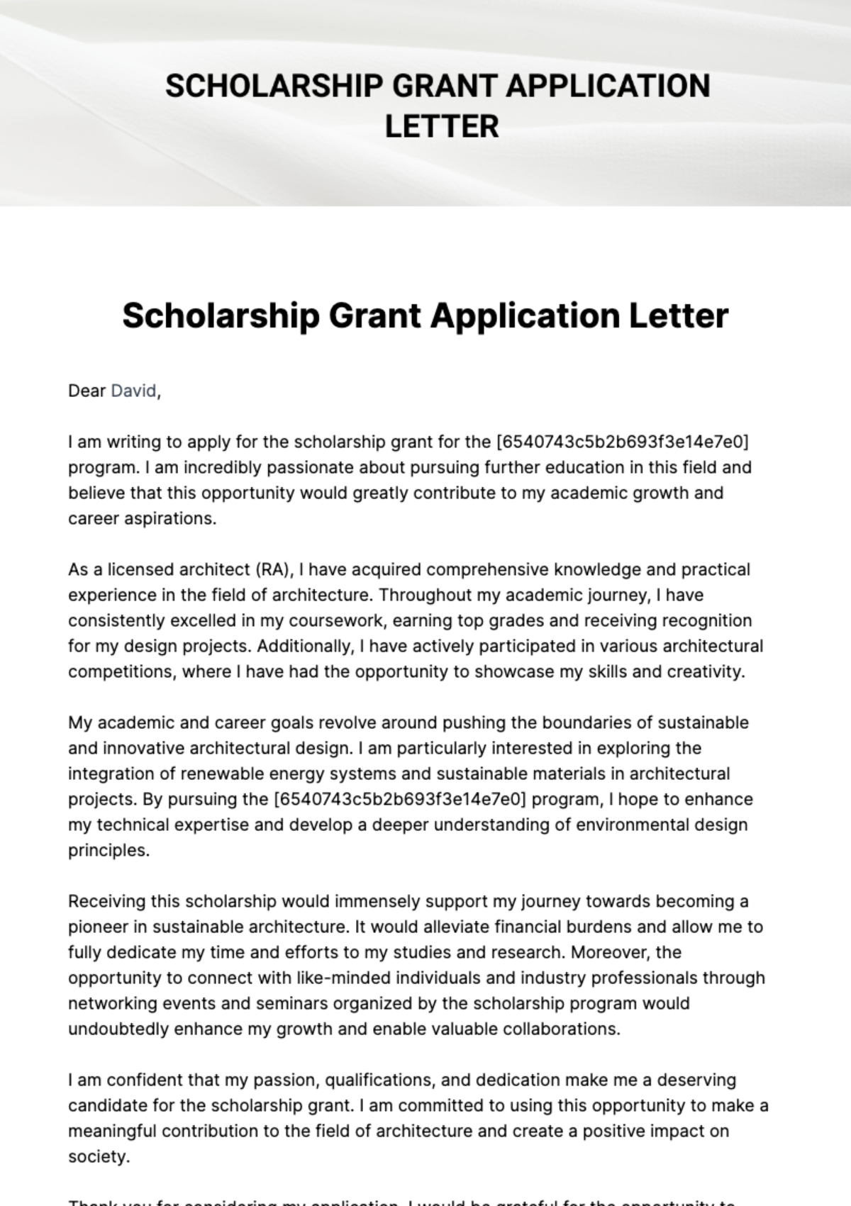 Free Scholarship Grant Application Letter Template