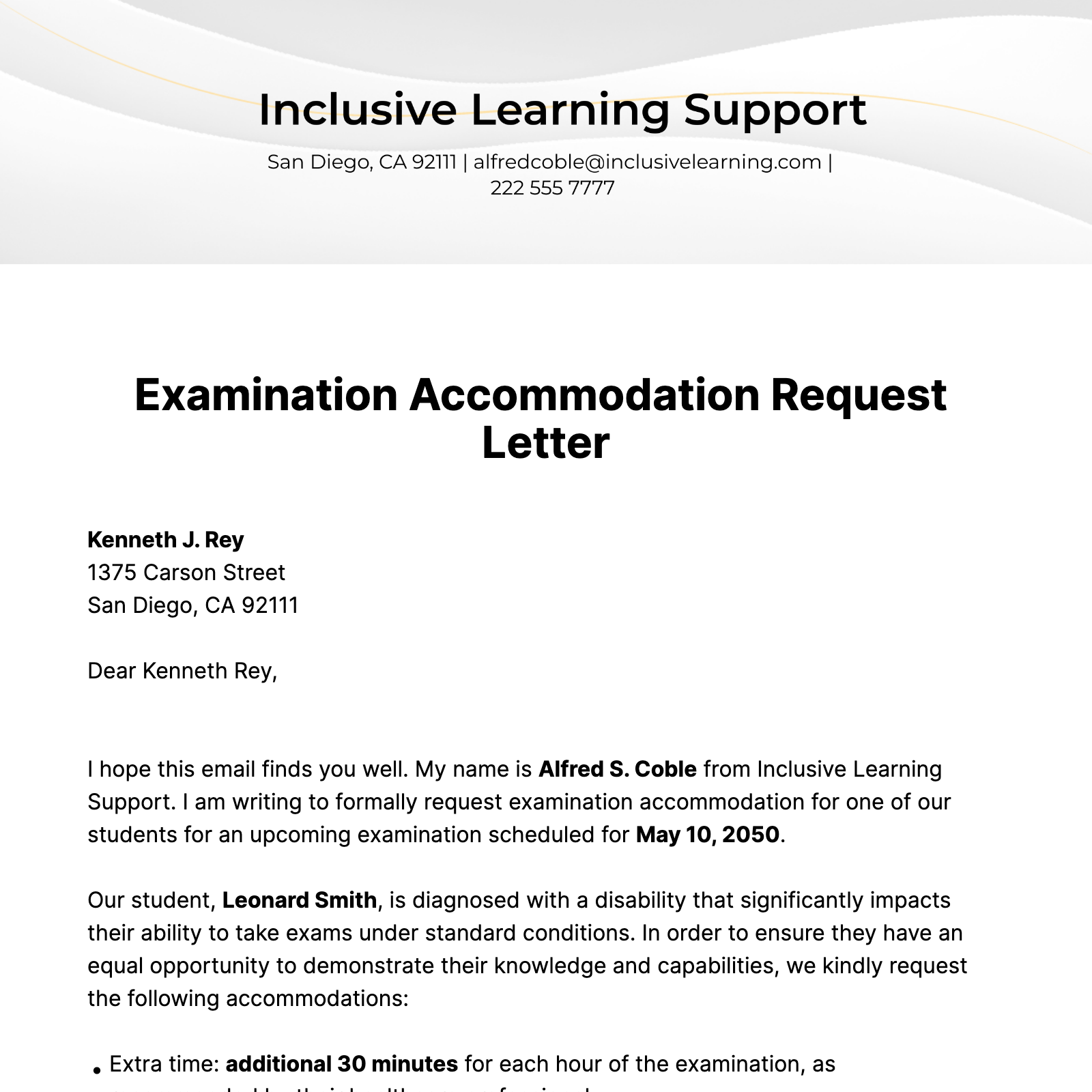 Examination Accommodation Request Letter  Template