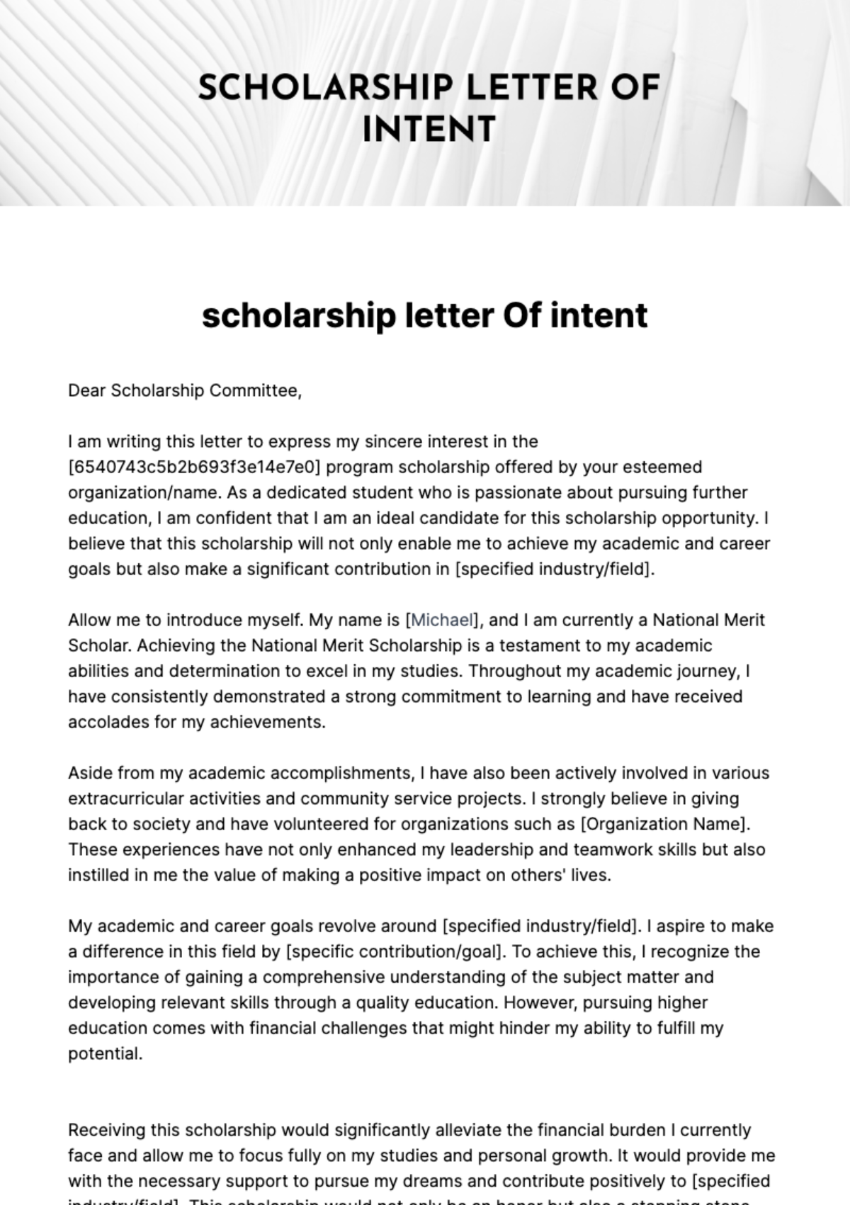 scholarship letter of intent Template