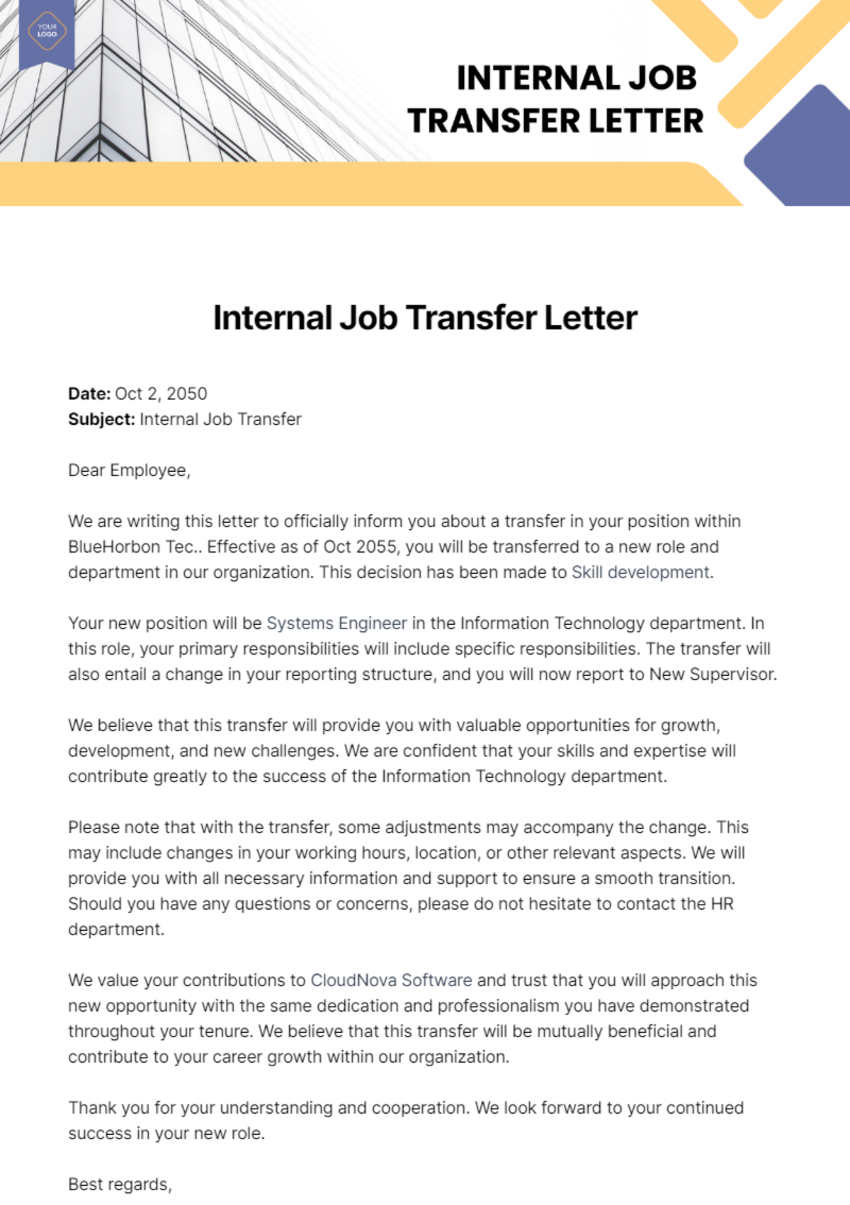 Free Internal Job Transfer Letter Template