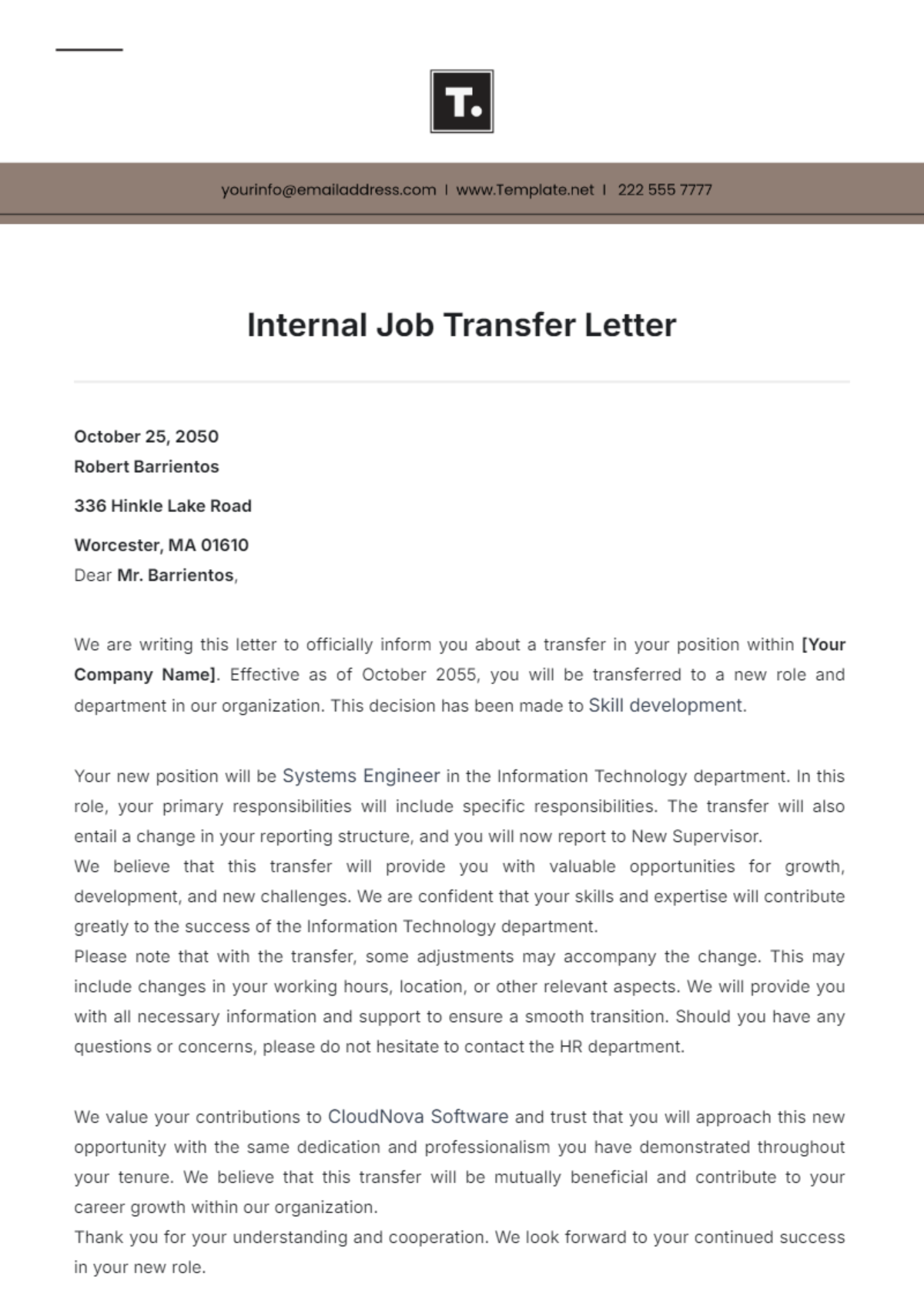 Internal Job Transfer Letter Template - Edit Online & Download