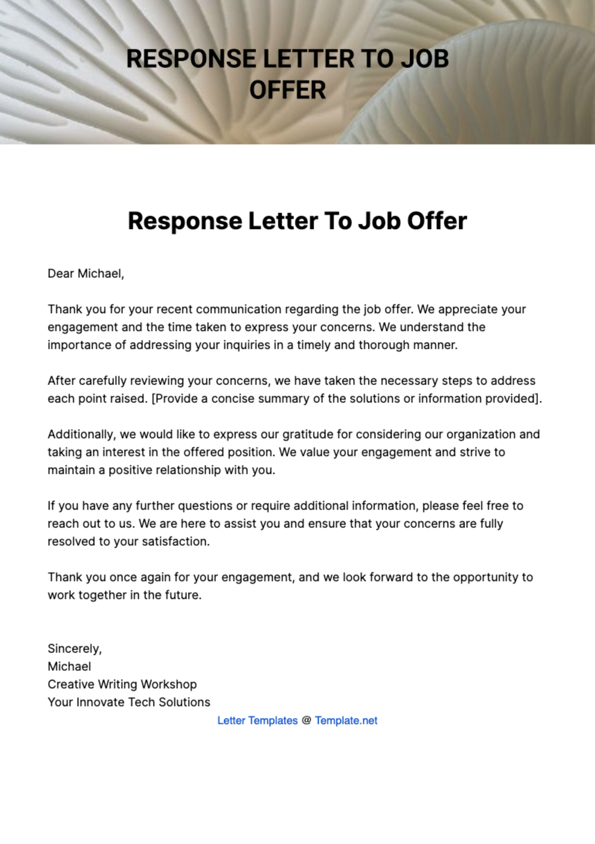 Free Response Letter To Job Offer Template