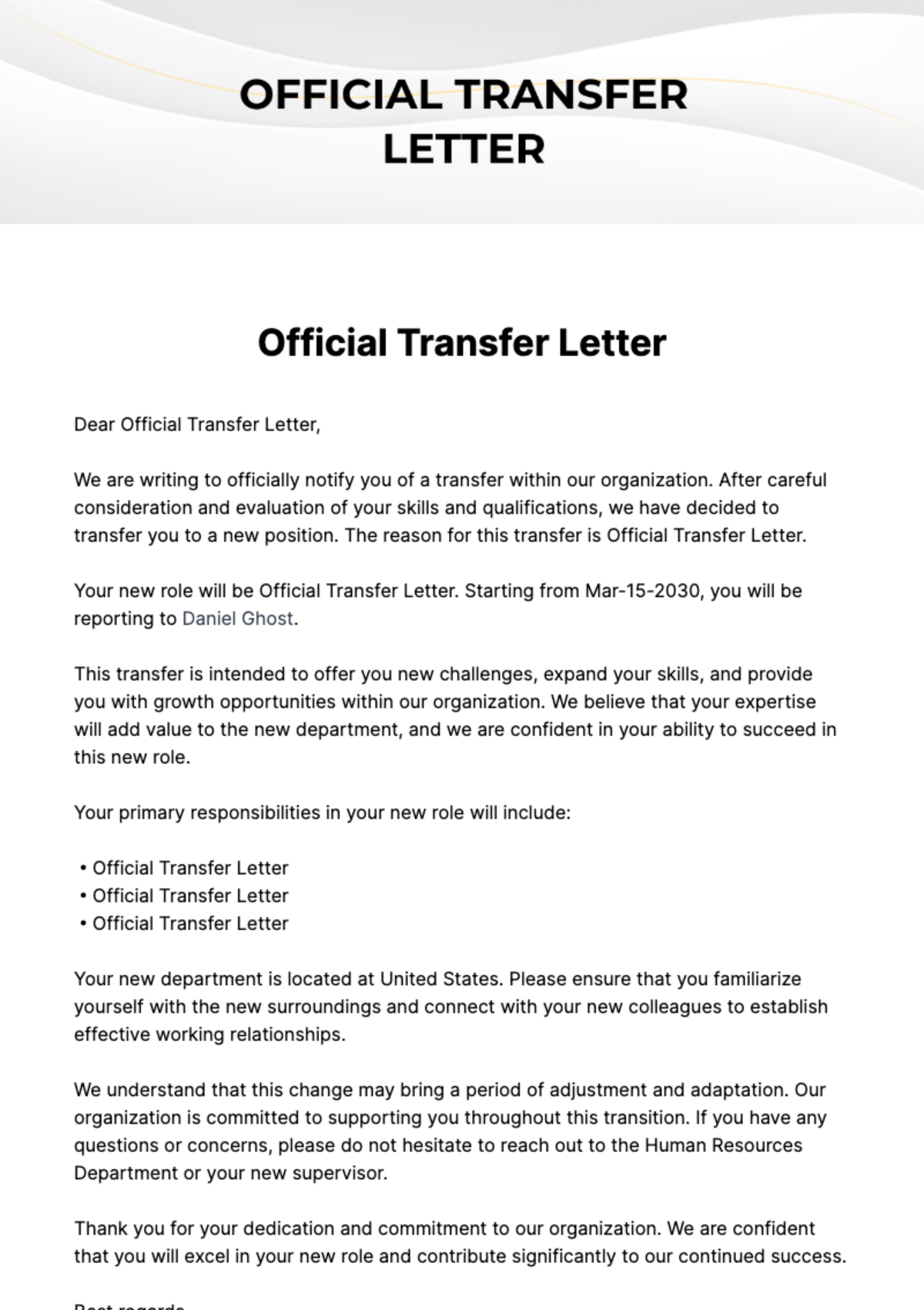 Free Official Transfer Letter Template