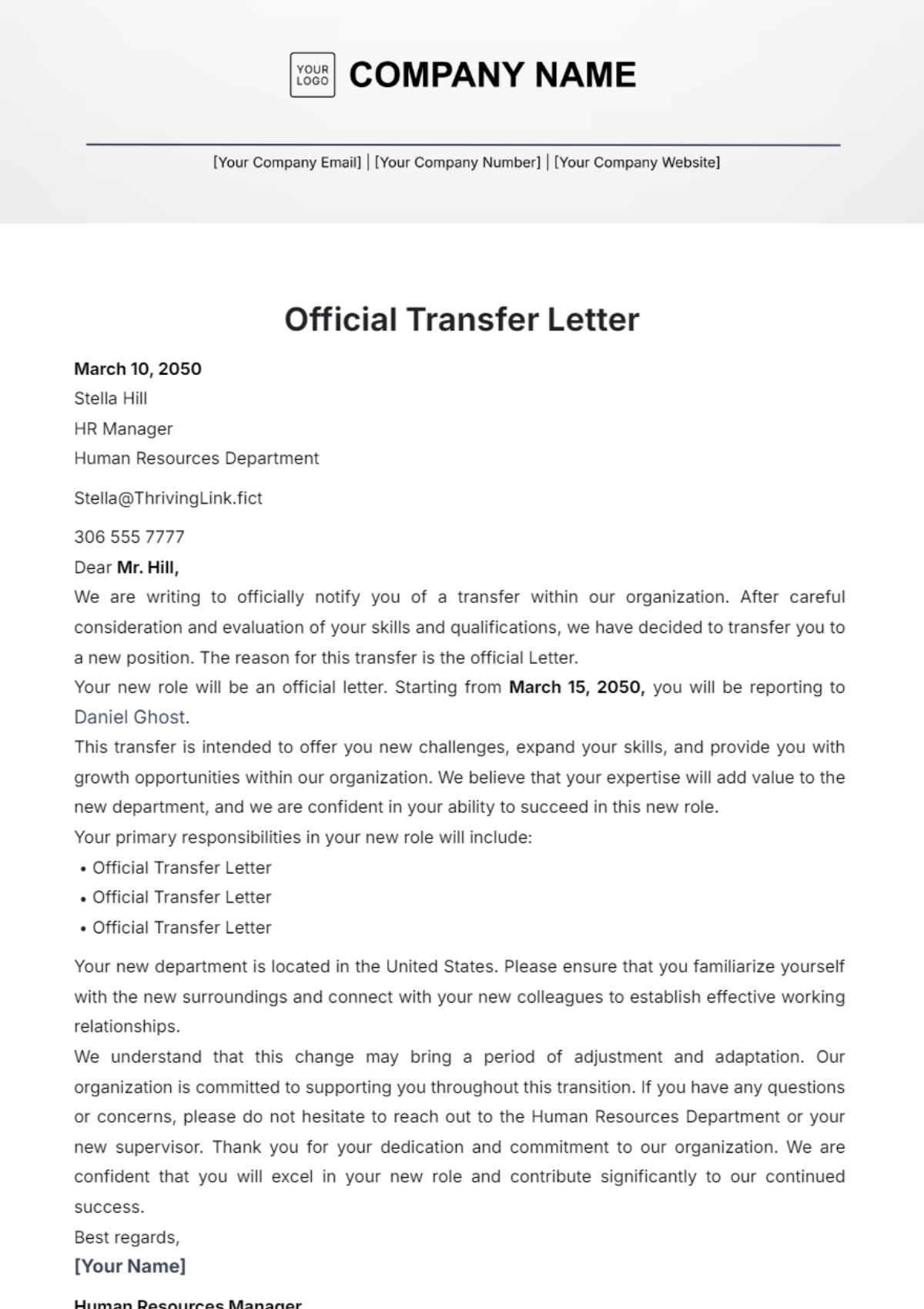 Official Transfer Letter Template - Edit Online & Download