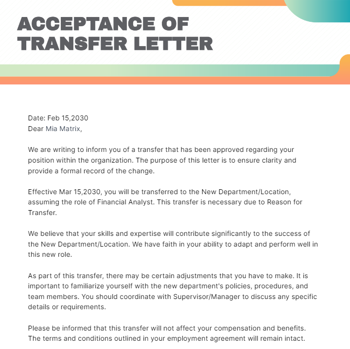 Acceptance Of Transfer Letter Template