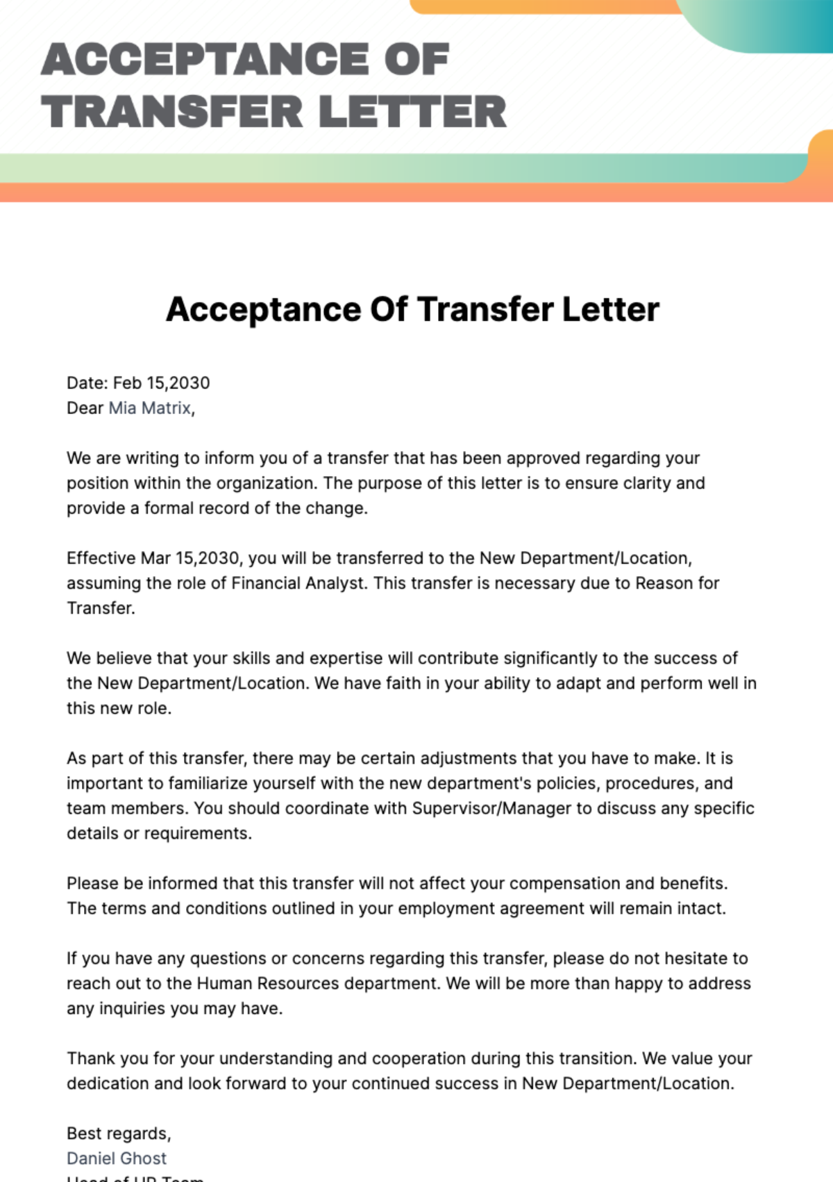 Free Acceptance Of Transfer Letter Template