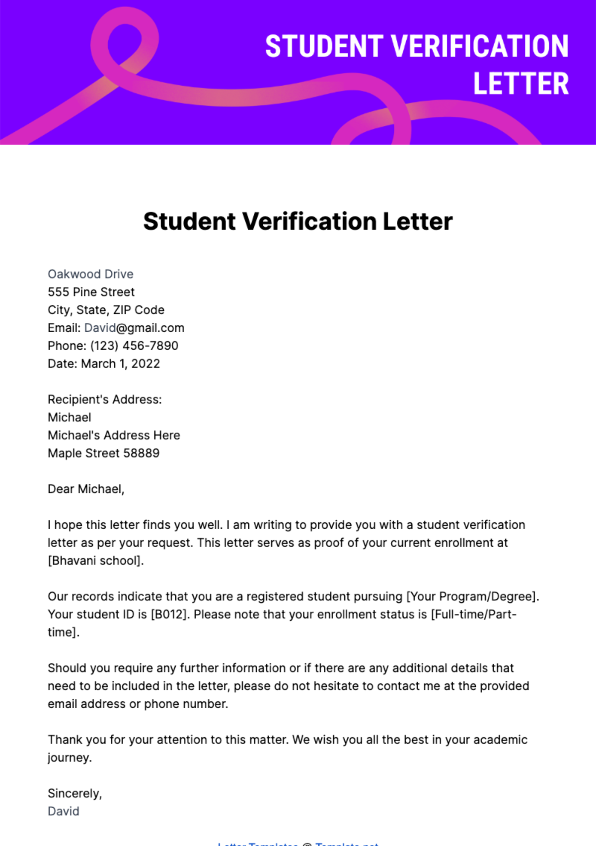 Free Student Verification Letter Template